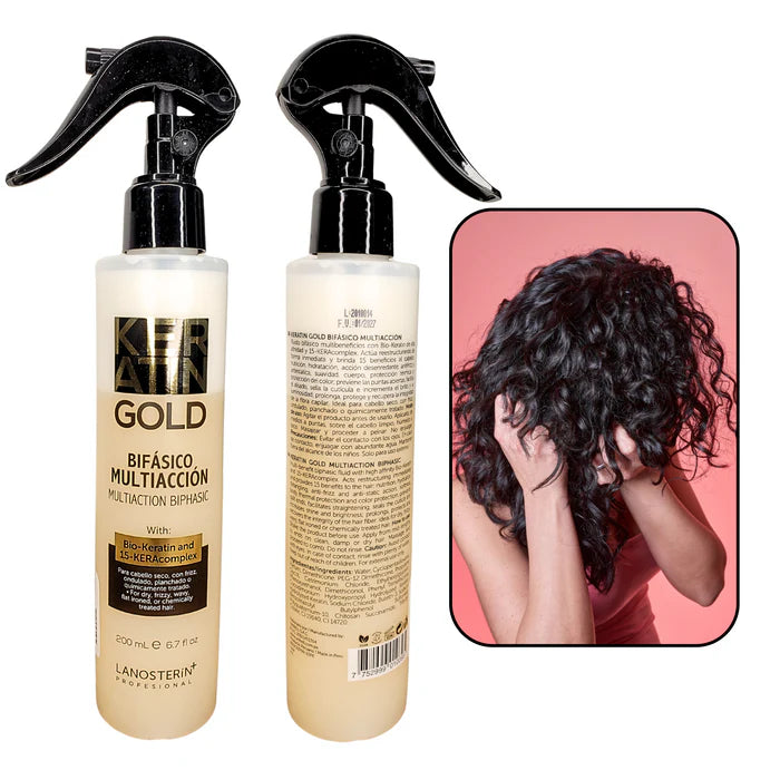 Lanosterin Profesional Keratin Gold Bifásico Multiacción 6.7 oz – Tratamiento Capilar 15 Beneficios