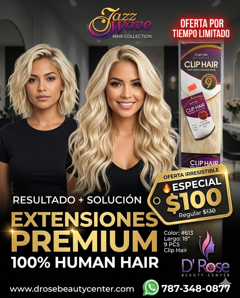 ✨ Extensiones Jazz Wave Clip-On 18” Color #613 – 9 Piezas | 100% Remy Human Hair ✨