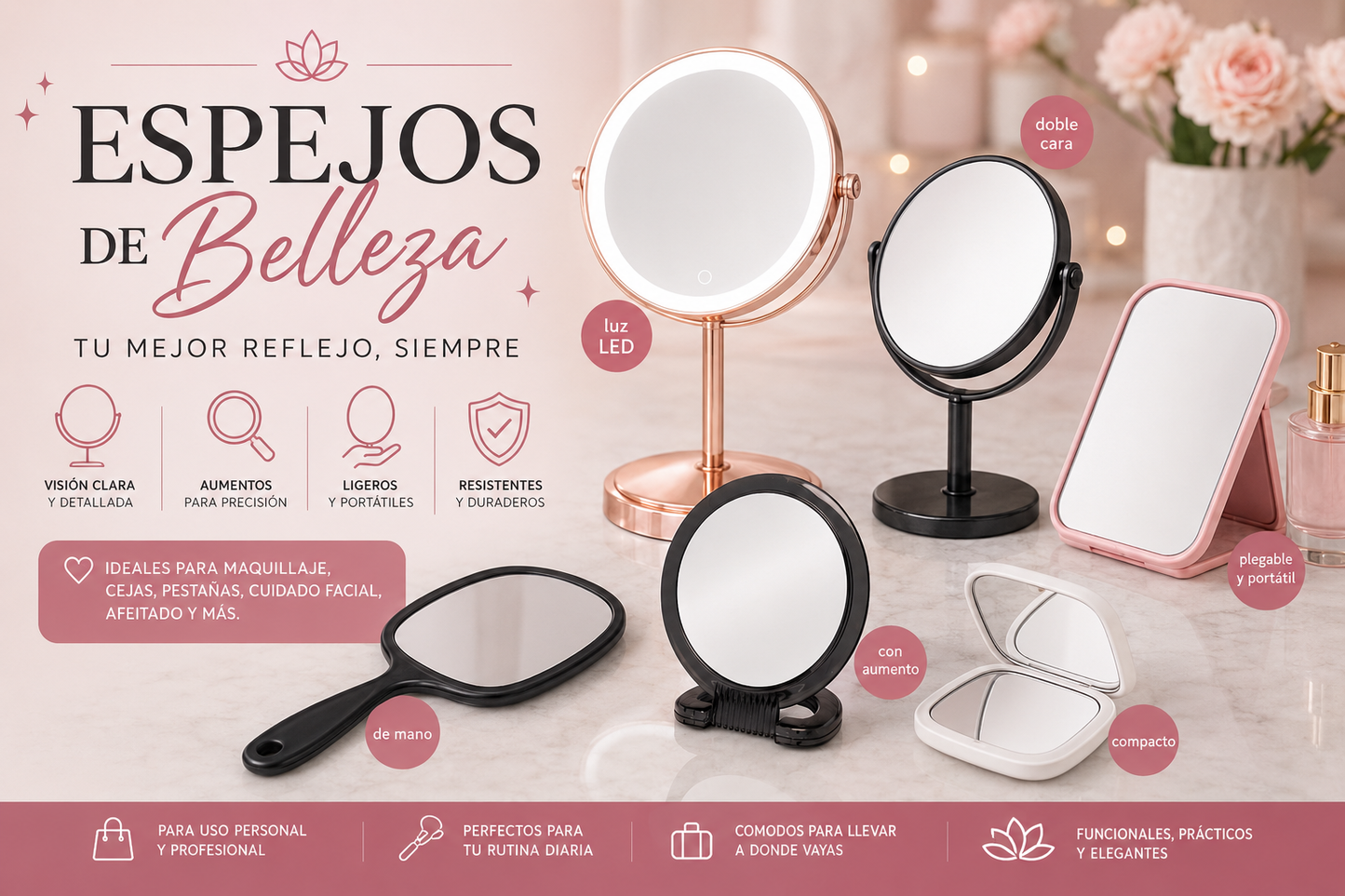 Diane Handheld Mirror con Aumento 6” x 10” D1014 – Espejo de Mano Doble Cara 1X y 3X