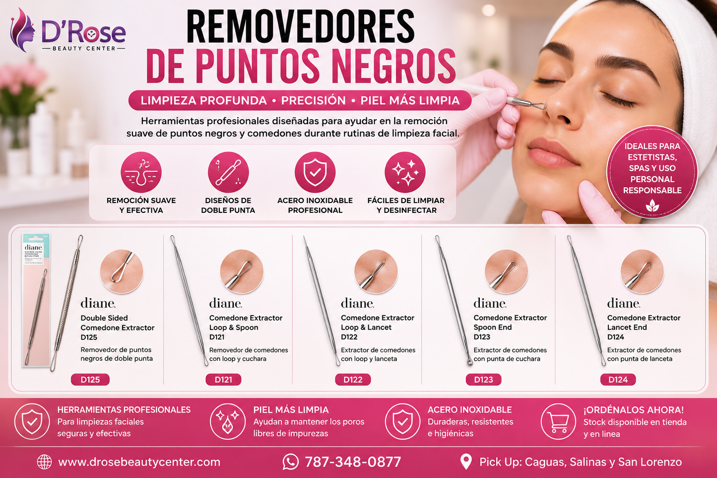 Diane Double Sided Comedone Extractor D125 Removedor de Puntos Negros de Doble Punta