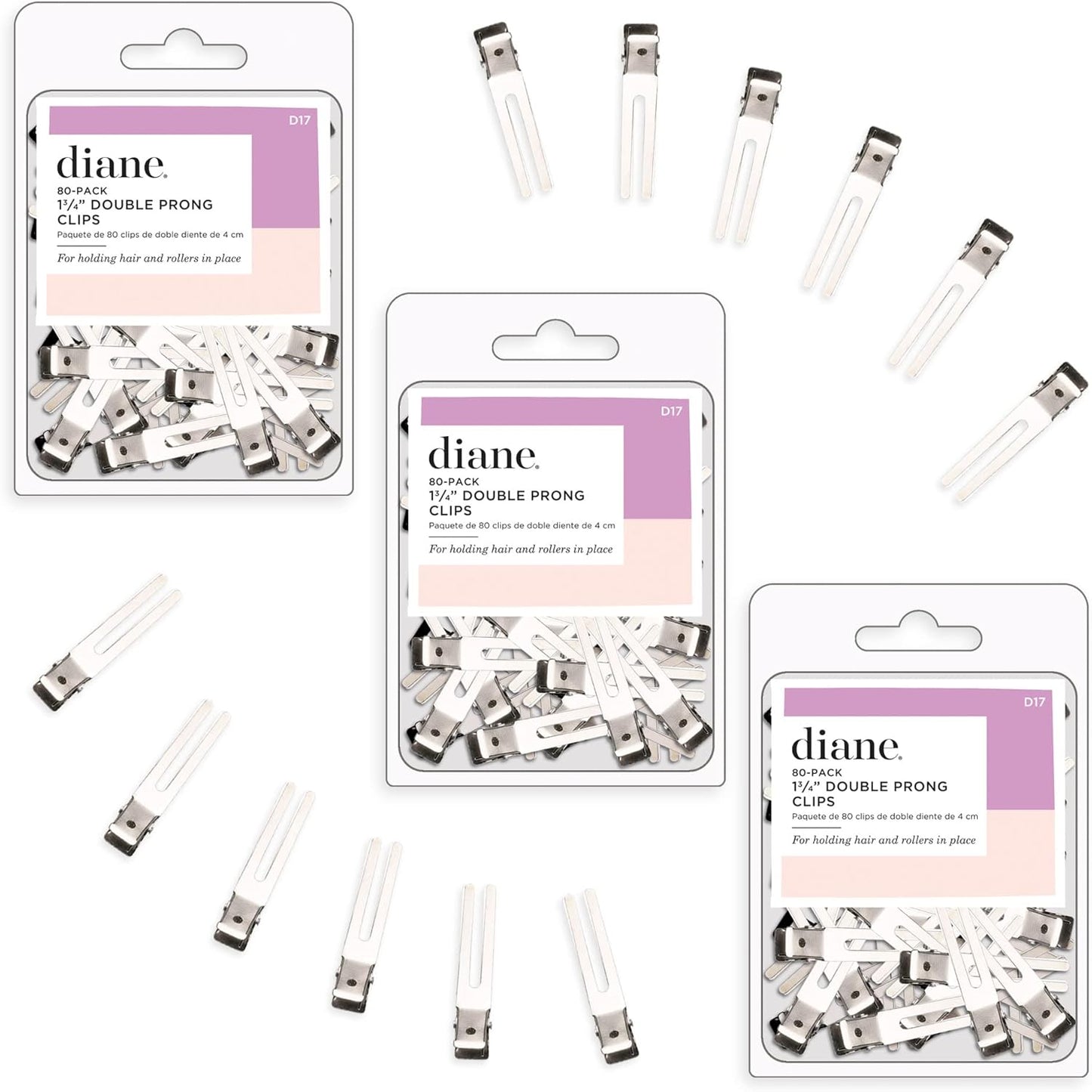 Diane Double Prong Clips 80-Pack 1¾” D17 – Clips Metálicos Profesionales para Sujetar Cabello y Rulos