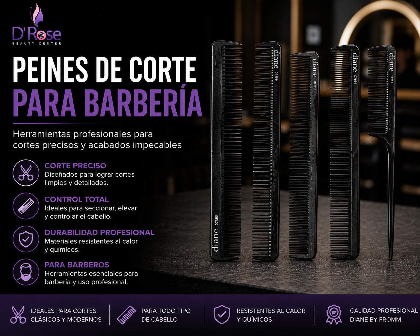 Diane Carbon Basin Comb 8½” D7131 Peine Profesional de Carbón