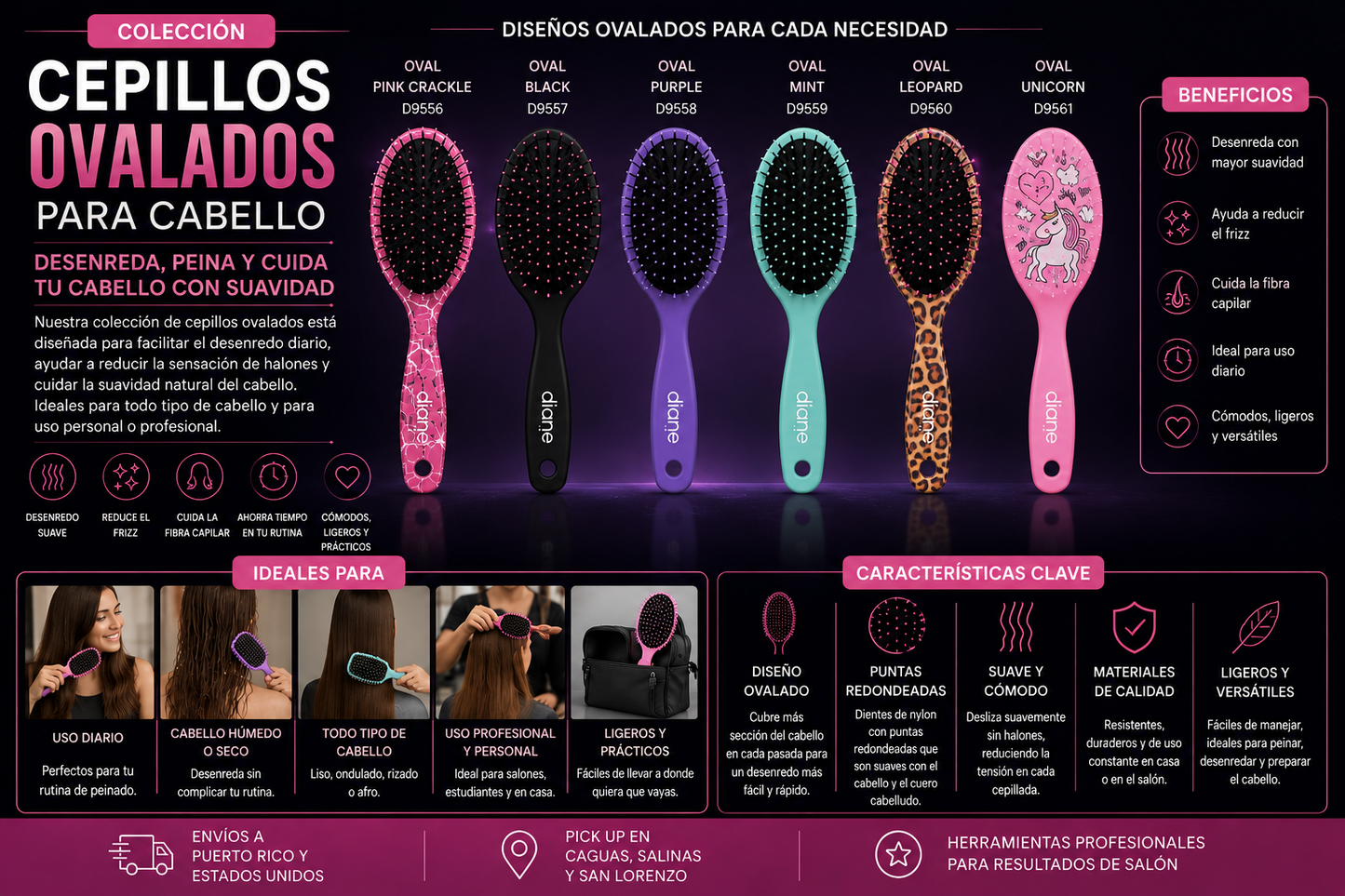 Diane Black and Silver Square Paddle Brush D9085 para Desenredar Todo Tipo de Cabello
