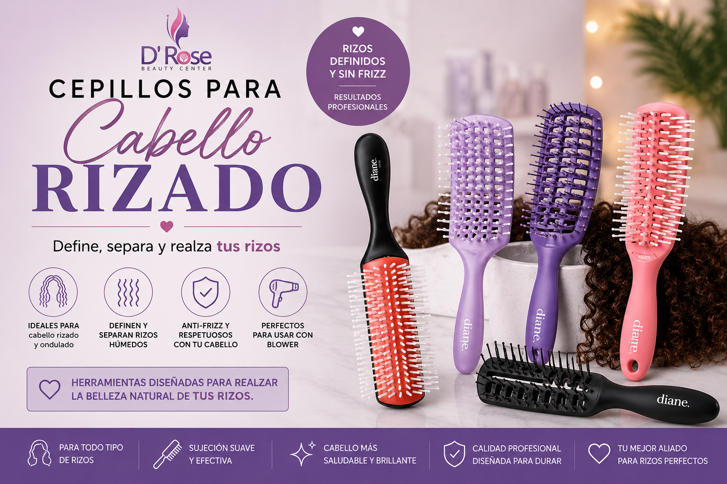 Diane Pro Nylon Pin Styling Brush D9749 – Cepillo Profesional con Dientes de Nylon para Cabello Grueso o Rizado