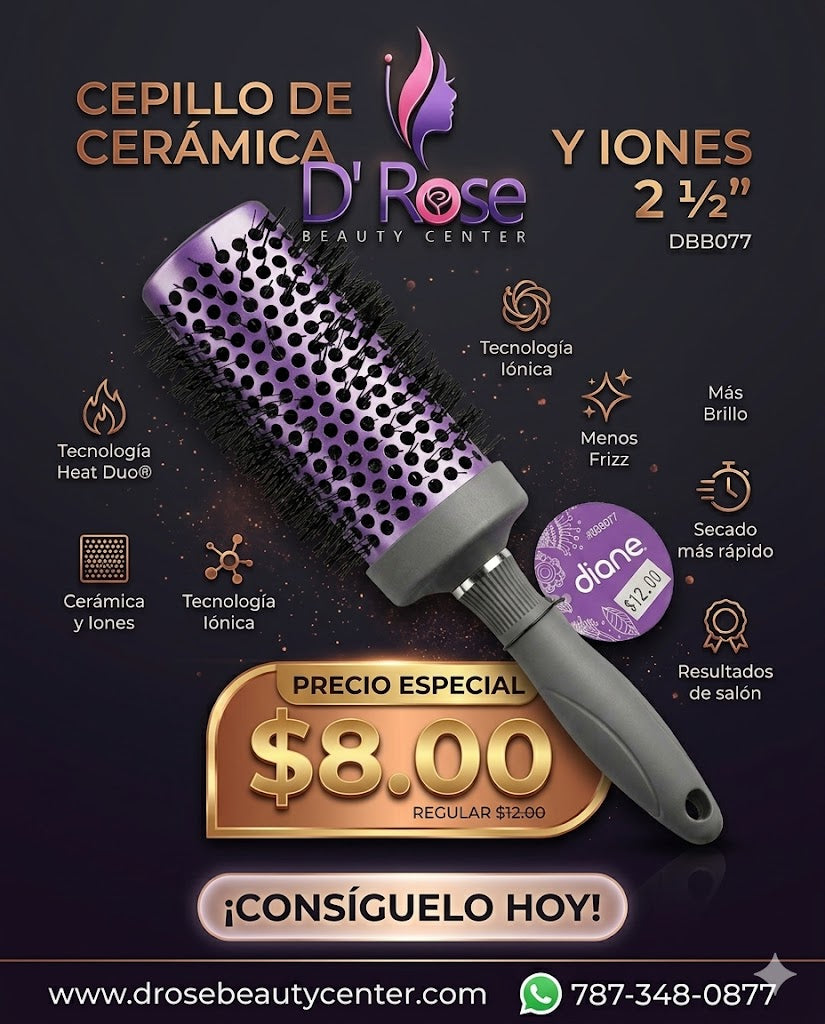 Diane Square Round Ceramic X Ionic Thermal Brush 2 ½” DBB077 para Blowouts con Volumen, Menos Frizz y Más Brillo