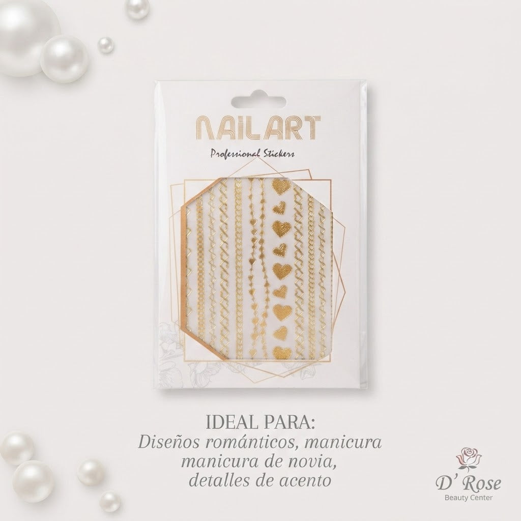 Nail Art Professional Stickers DP344 – Cadenas y Corazones Dorados