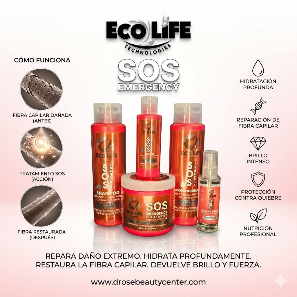 Ecolife Technologies SOS Emergency Shampoo Reconstructor para Cabello Dañado 16oz – Libre de Sulfatos y Parabenos