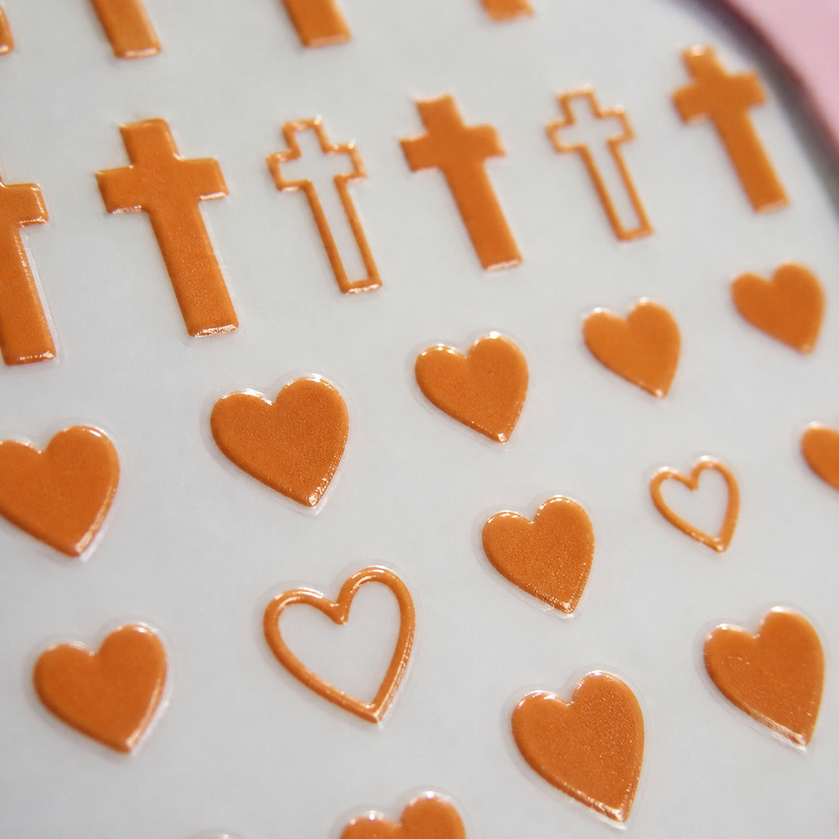 Nail Sticker 3D F333 – Corazones y Cruces Naranja Cobrizo