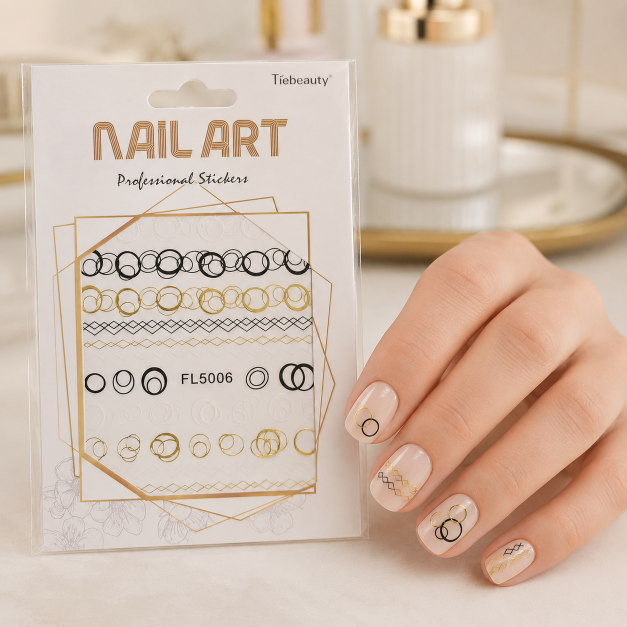 💅 Tíebeauty Nail Art Professional Stickers FL5006 Negro, Dorado y Blanco
