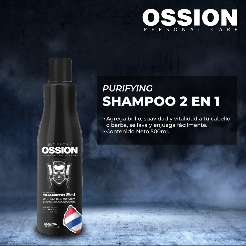 🧔 OSSION 2 en 1 Pourifying Shampoo (16.9oz) | Limpia, Acondiciona y Suaviza Cabello y Barba