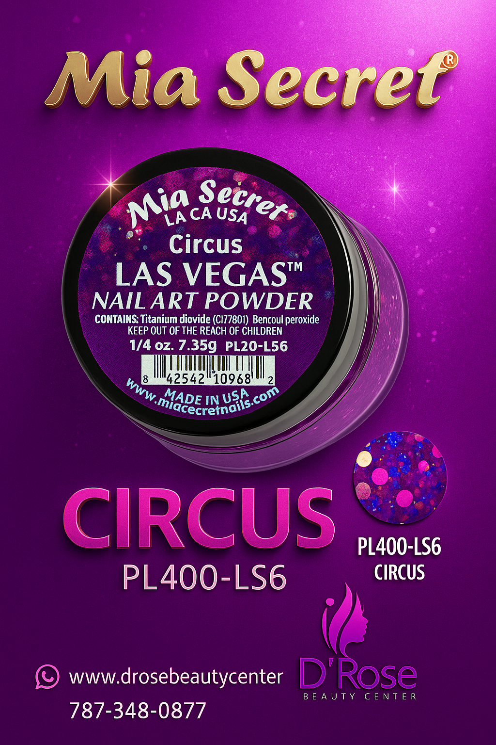 💜 Mia Secret Polvo Acrílico CIRCUS (1/4 oz) | Colección Las Vegas, Glitter y Color de Alto Impacto PL400-LS6