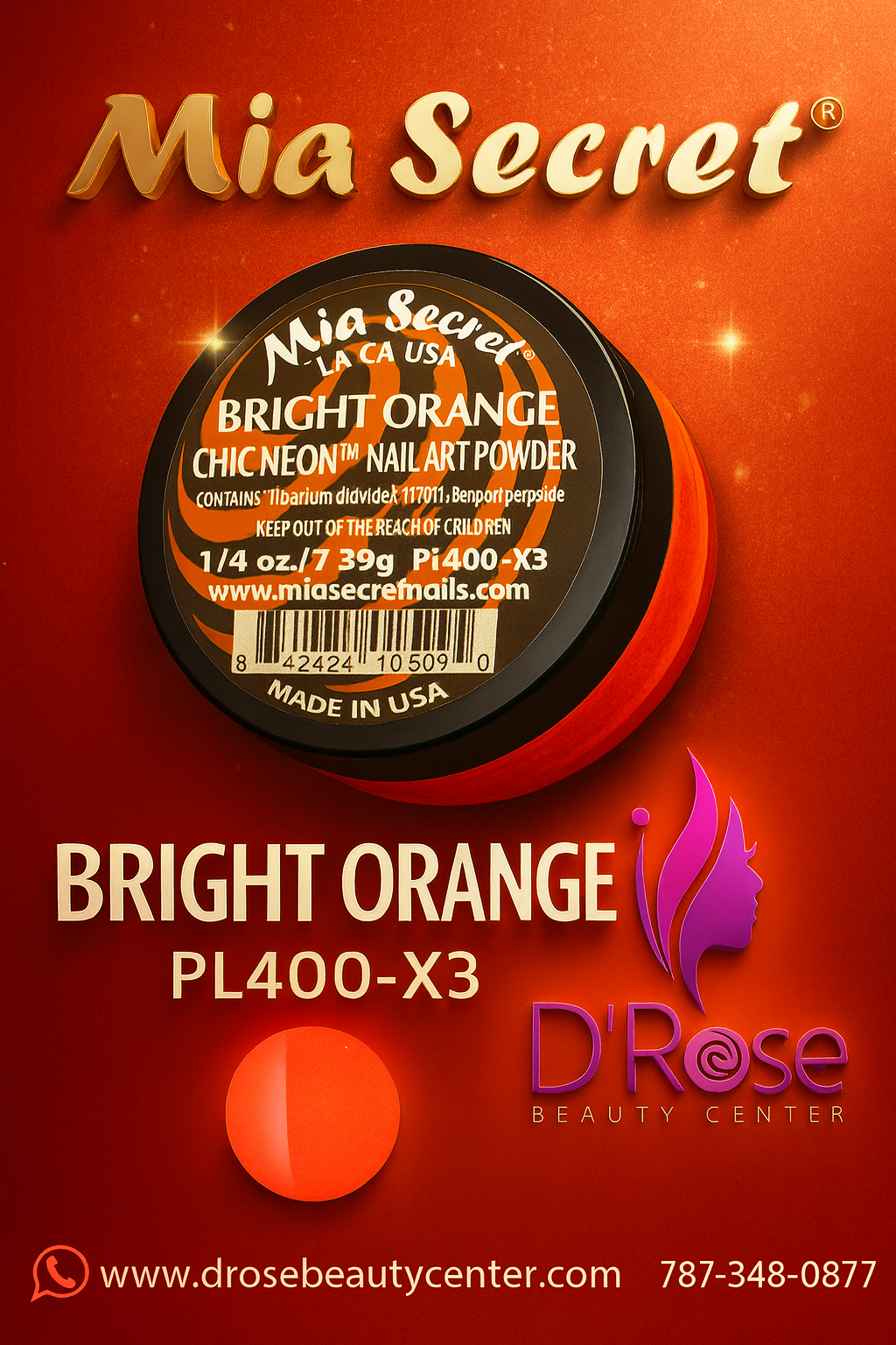 🔥 Mia Secret Polvo AcrÃlico Bright Orange (1/4 oz) | Colección Chic Neon, Pigmentación Ultra-Brillante PL400-X3