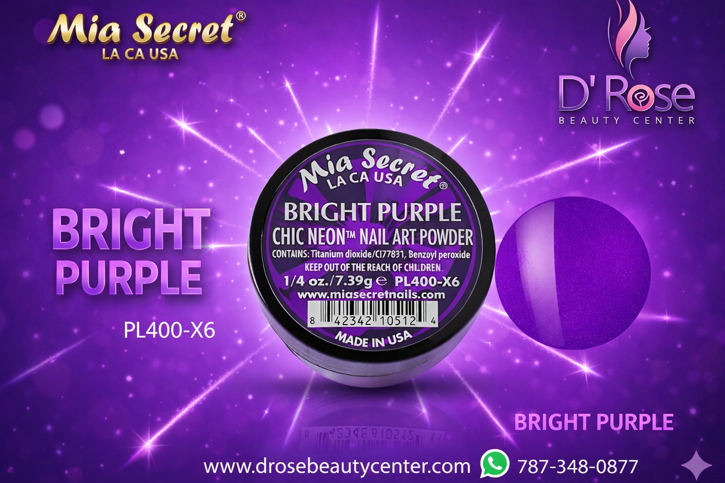 💅✨ Mia Secret® Bright Purple Chic Neon™ – Acrílico Profesional Neón | 1/4 oz (PL400-X6)