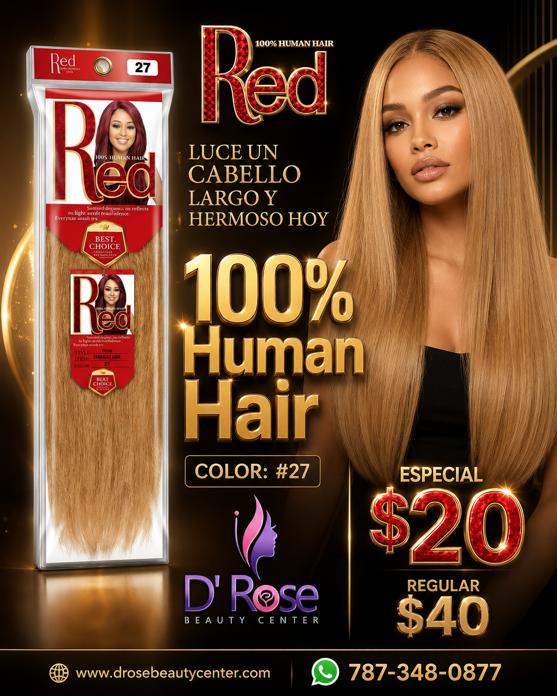 Red 100% Human Hair Straight Hair Color #27 12"