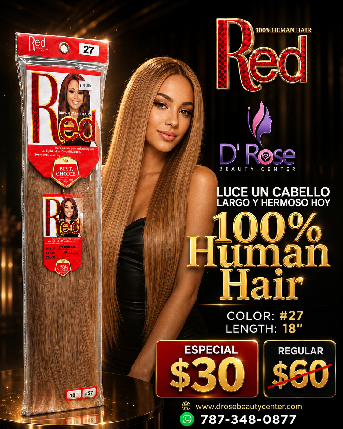 Red 100% Human Hair Straight Hair Color #27 18"