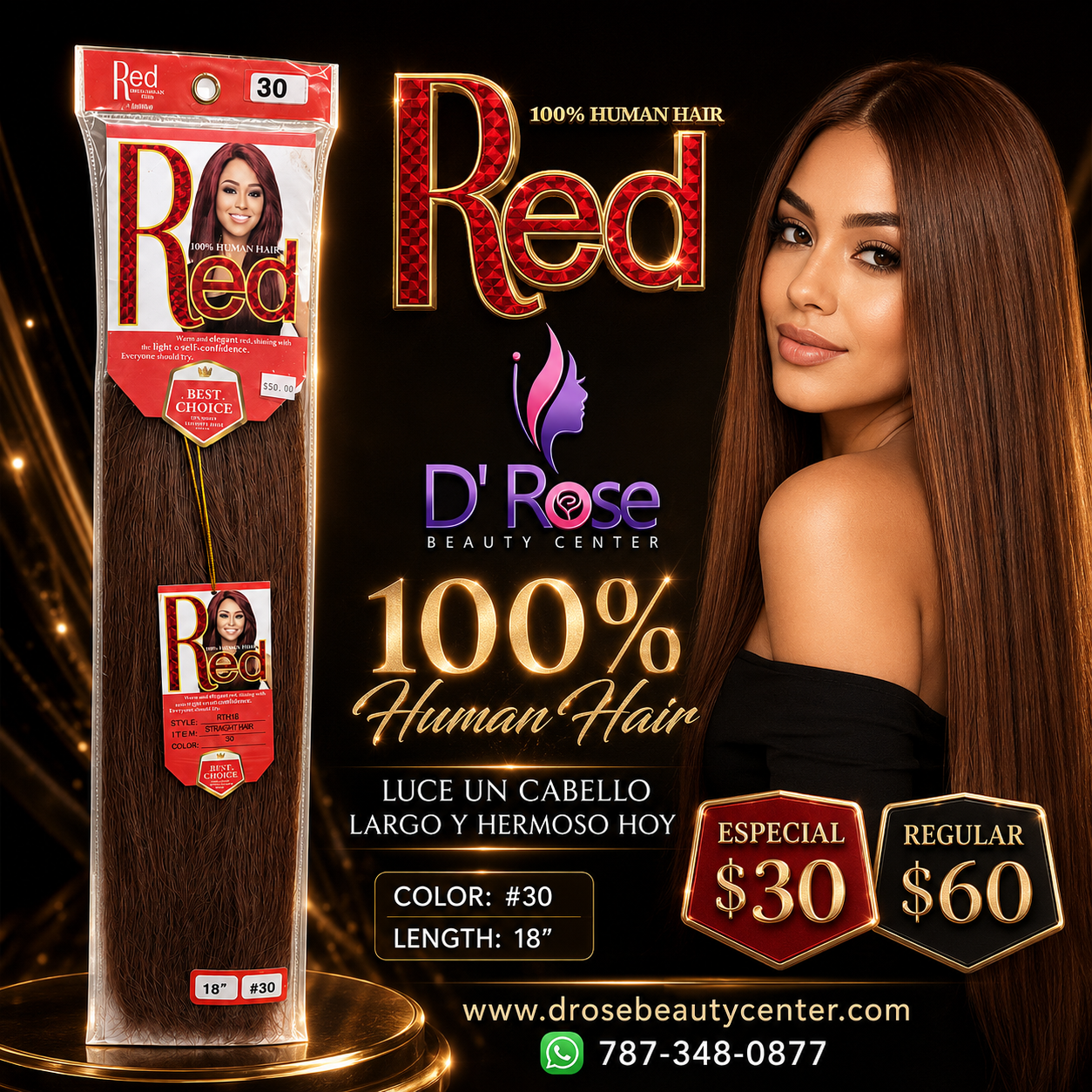 Red 100% Human Hair Straight Hair Color #30 18"