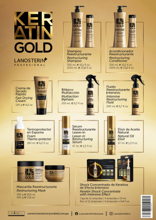 LANOSTERIN PROFESIONAL KERATIN GOLD FLUIDO REESTRUCTURANTE INTENSIVO 6.7OZ 23040200