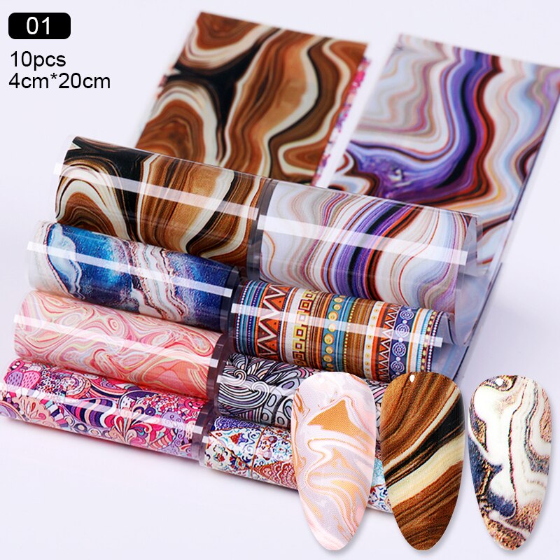Spiral Nail Foil NSB0125 – Set de 10 Rollos con Diseños Mármol, Ágata y Boho