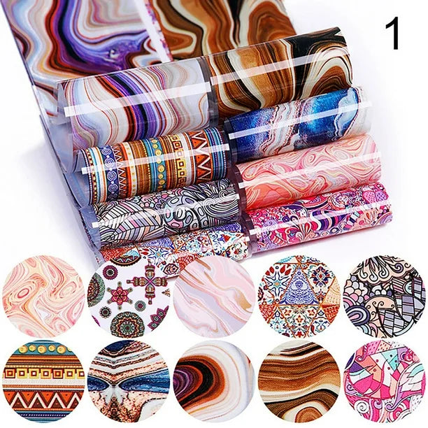 Spiral Nail Foil NSB0125 – Set de 10 Rollos con Diseños Mármol, Ágata y Boho