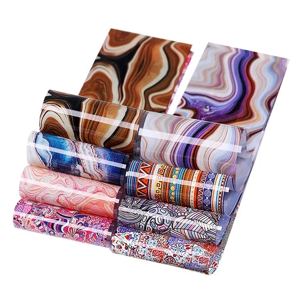 Spiral Nail Foil NSB0125 – Set de 10 Rollos con Diseños Mármol, Ágata y Boho