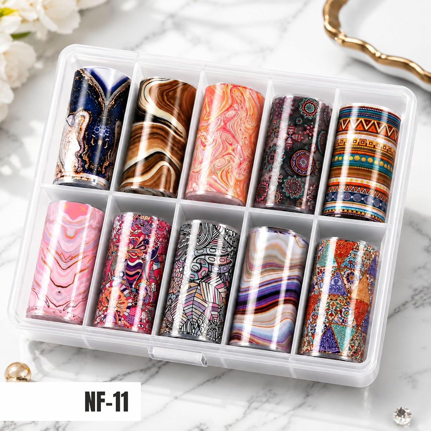 Spiral Nail Foil NSB0125 – Set de 10 Rollos con Diseños Mármol, Ágata y Boho