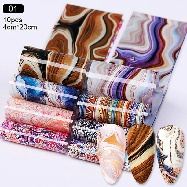 Spiral Nail Foil NSB0125 – Set de 10 Rollos con Diseños Mármol, Ágata y Boho