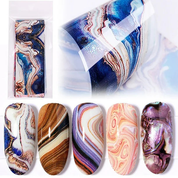 Spiral Nail Foil NSB0125 – Set de 10 Rollos con Diseños Mármol, Ágata y Boho