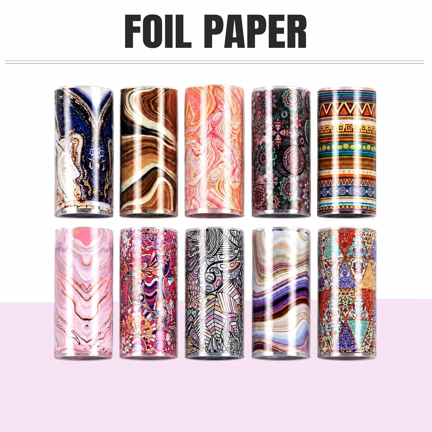 Spiral Nail Foil NSB0125 – Set de 10 Rollos con Diseños Mármol, Ágata y Boho
