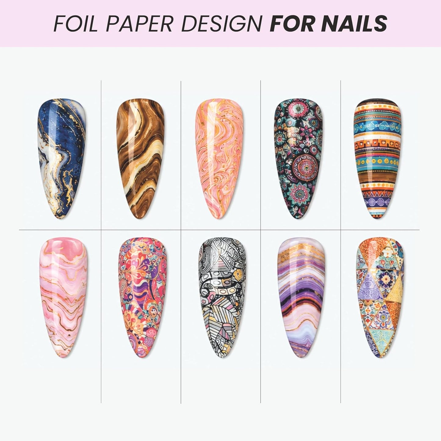 Spiral Nail Foil NSB0125 – Set de 10 Rollos con Diseños Mármol, Ágata y Boho