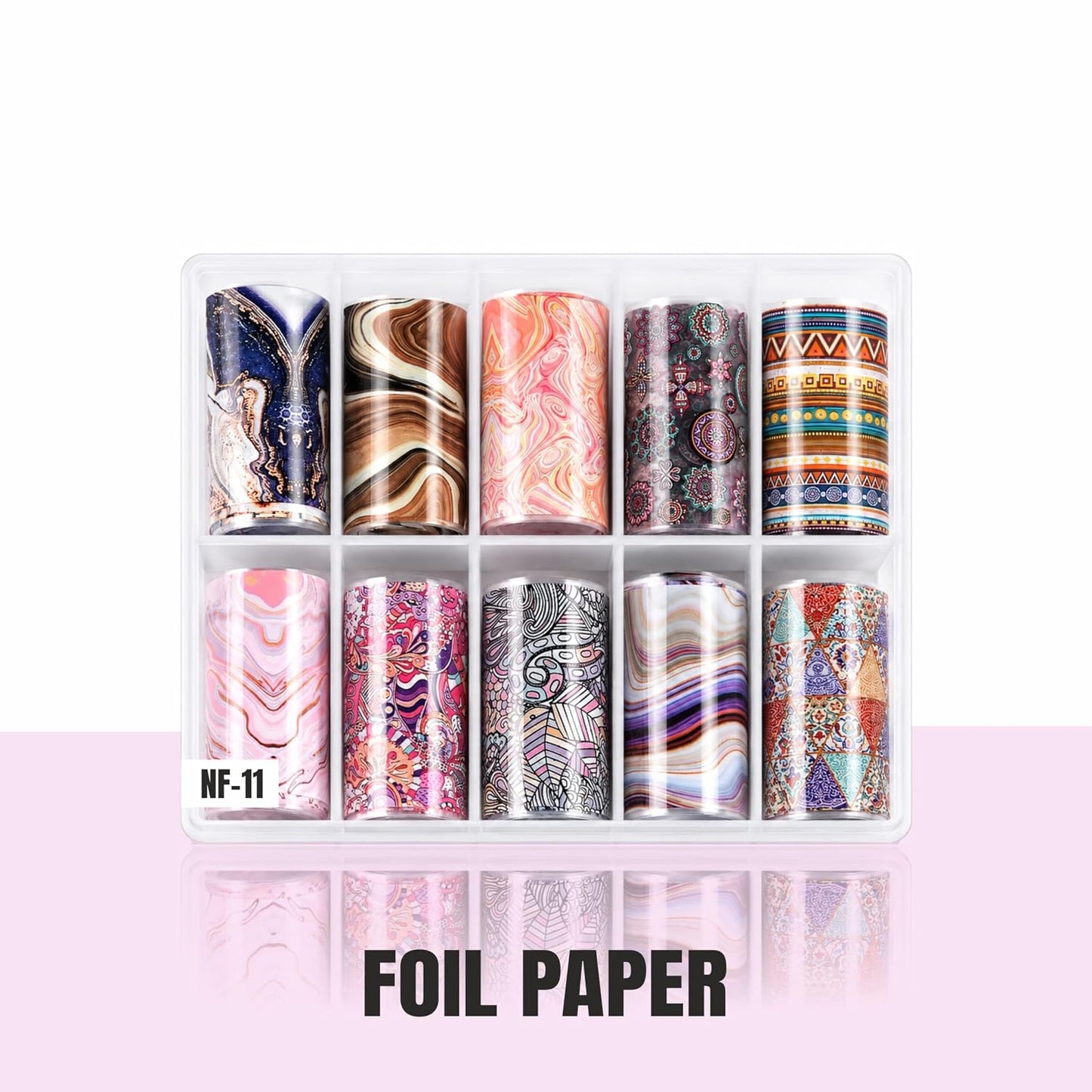Spiral Nail Foil NSB0125 – Set de 10 Rollos con Diseños Mármol, Ágata y Boho