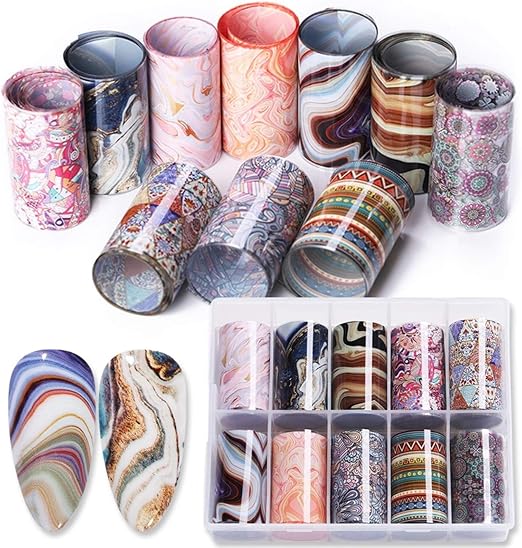 Spiral Nail Foil NSB0125 – Set de 10 Rollos con Diseños Mármol, Ágata y Boho
