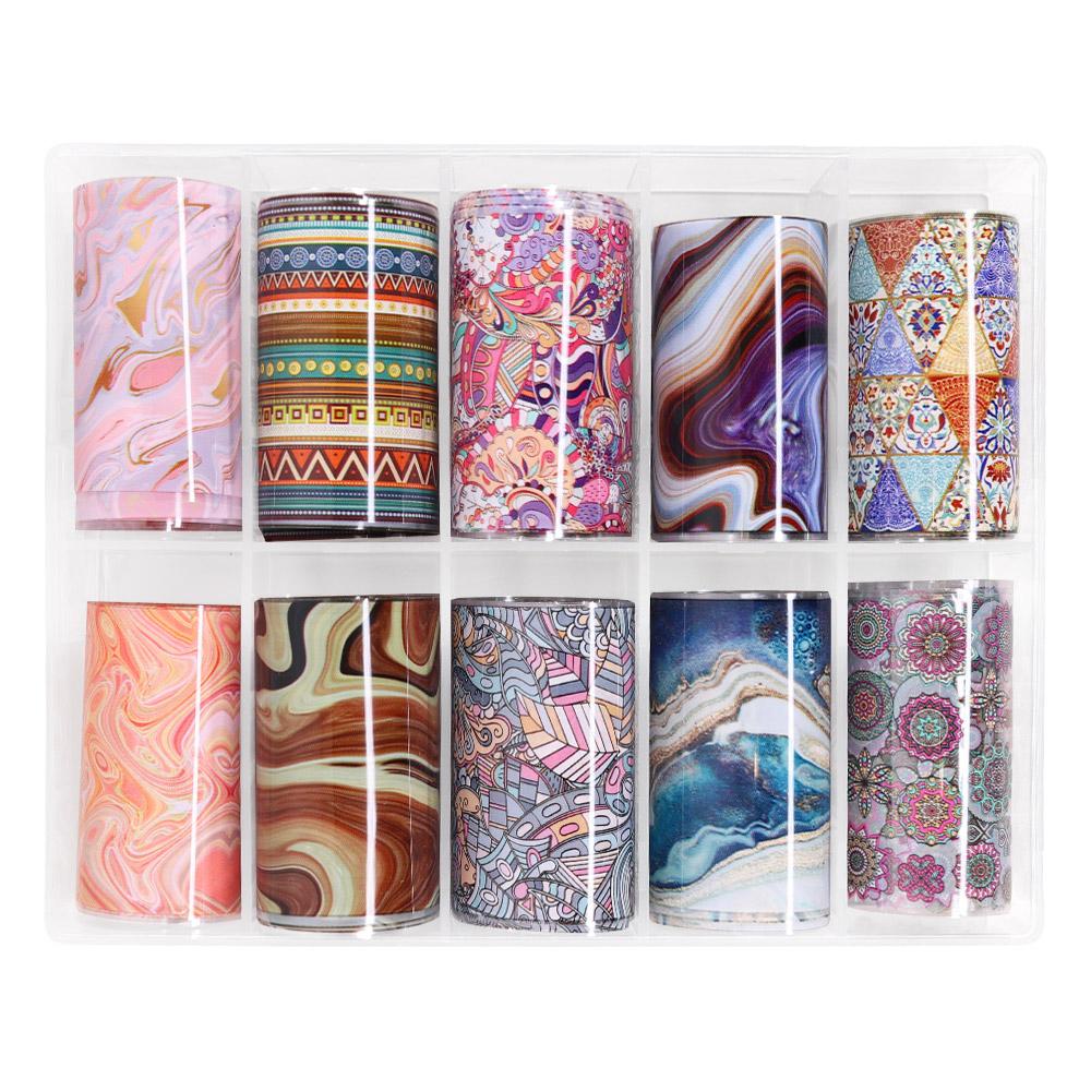 Spiral Nail Foil NSB0125 – Set de 10 Rollos con Diseños Mármol, Ágata y Boho