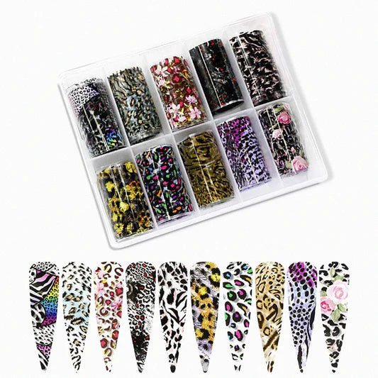 Spiral Nail Foil NSB0126 – Set de 10 Rollos Animal Print, Leopardo, Cebra y Flores