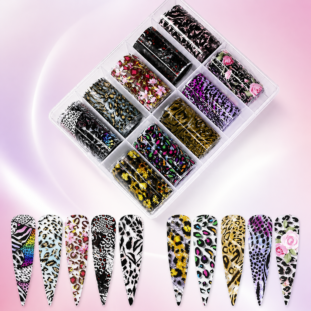 Spiral Nail Foil NSB0126 – Set de 10 Rollos Animal Print, Leopardo, Cebra y Flores