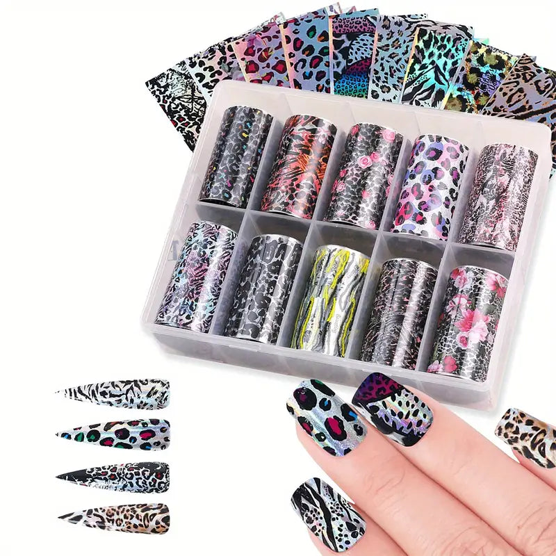 Spiral Nail Foil NSB0126 – Set de 10 Rollos Animal Print, Leopardo, Cebra y Flores