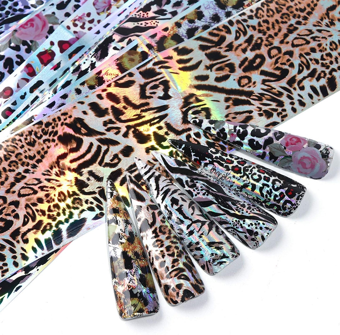 Spiral Nail Foil NSB0126 – Set de 10 Rollos Animal Print, Leopardo, Cebra y Flores
