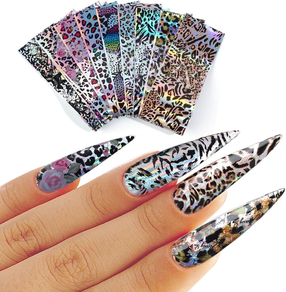 Spiral Nail Foil NSB0126 – Set de 10 Rollos Animal Print, Leopardo, Cebra y Flores