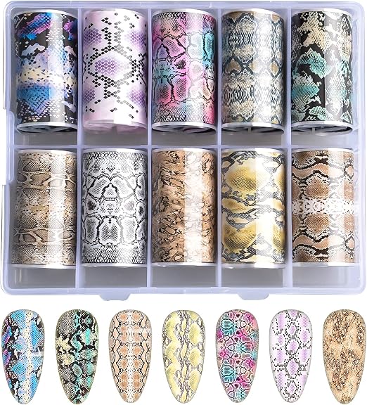 Spiral Nail Foil NSB0128 – Set de 10 Rollos con Estampados de Serpiente para Uñas