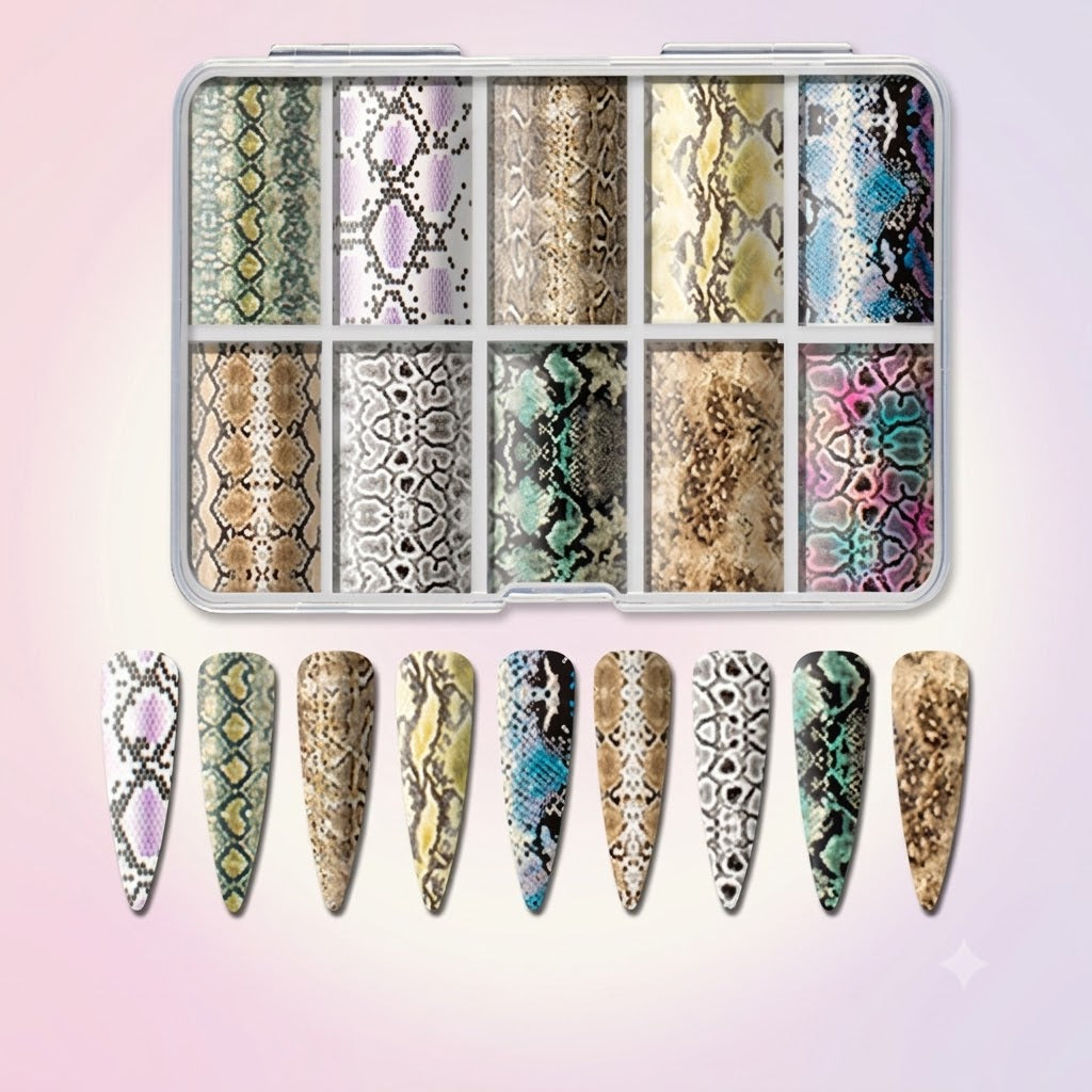 Spiral Nail Foil NSB0128 – Set de 10 Rollos con Estampados de Serpiente para Uñas