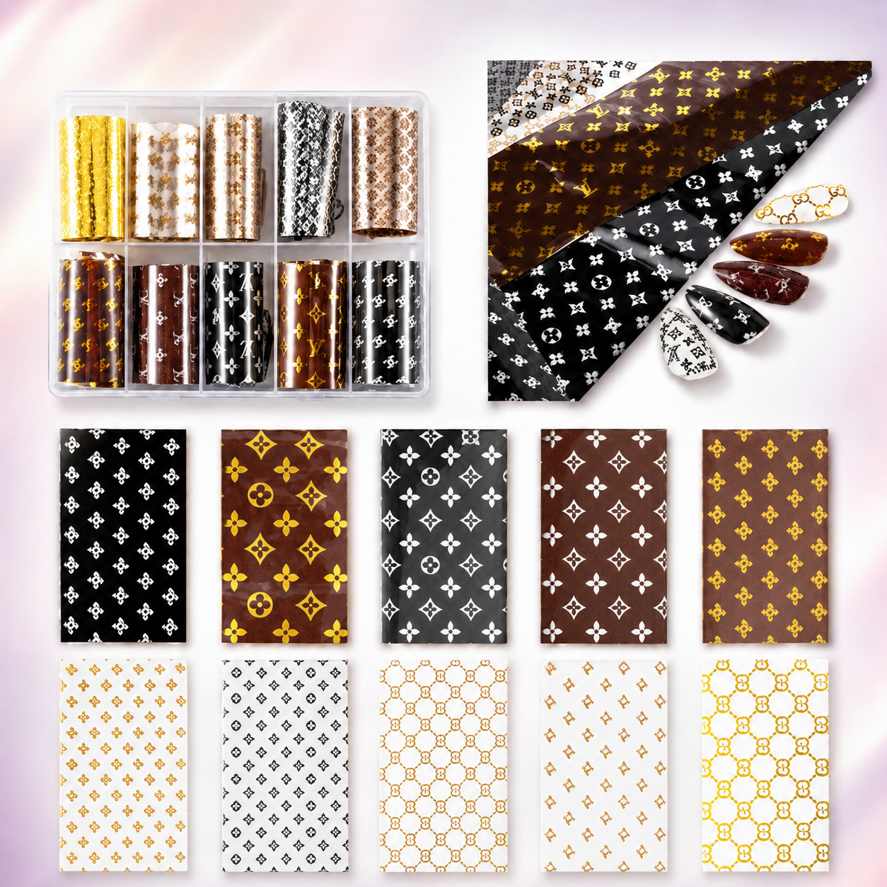 Spiral Nail Foil NSB0130 – Set de 10 Rollos con Monogramas Fashion Metálicos para Uñas