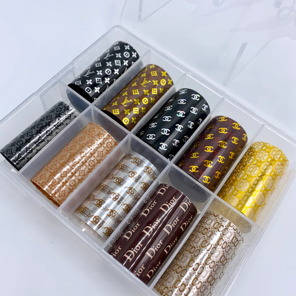 Spiral Nail Foil NSB0130 – Set de 10 Rollos con Monogramas Fashion Metálicos para Uñas