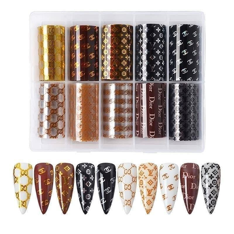 Spiral Nail Foil NSB0130 – Set de 10 Rollos con Monogramas Fashion Metálicos para Uñas