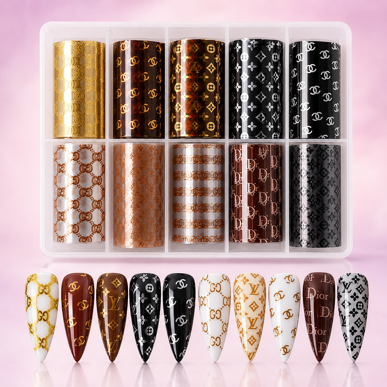 Spiral Nail Foil NSB0130 – Set de 10 Rollos con Monogramas Fashion Metálicos para Uñas