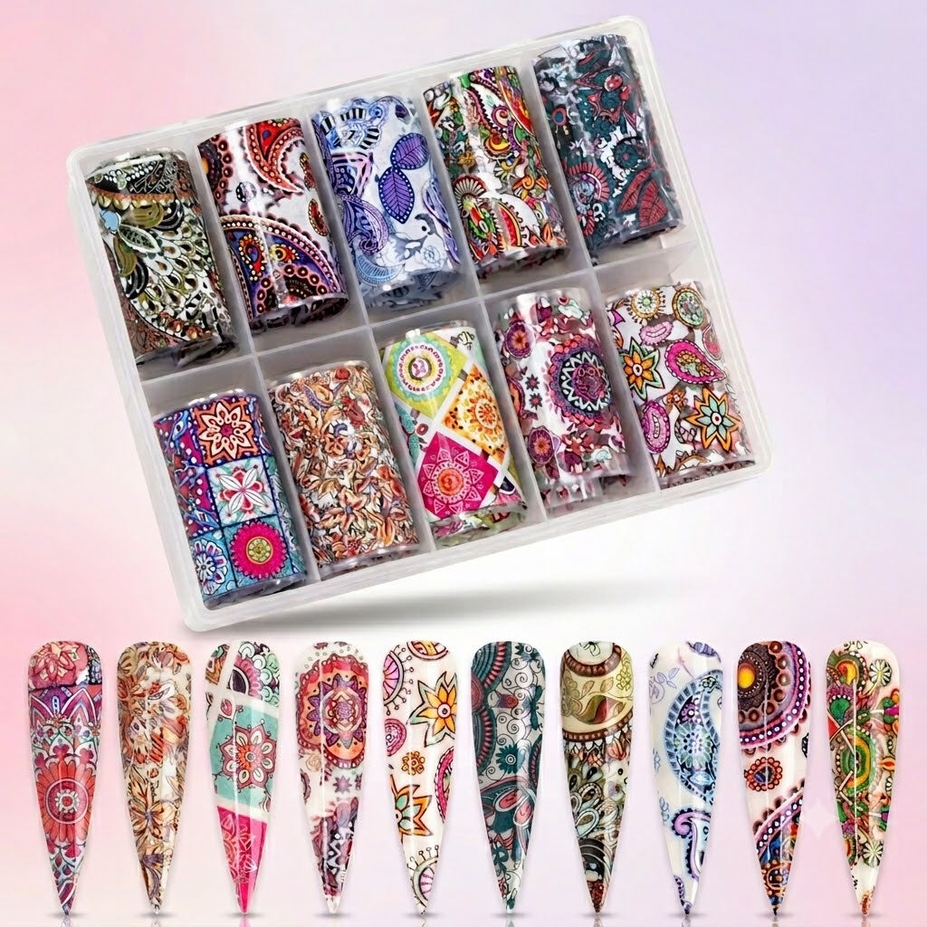 Spiral Nail Foil Sheets 10 Rolls NSB0131 – Diseños Boho y Mandala Multicolor