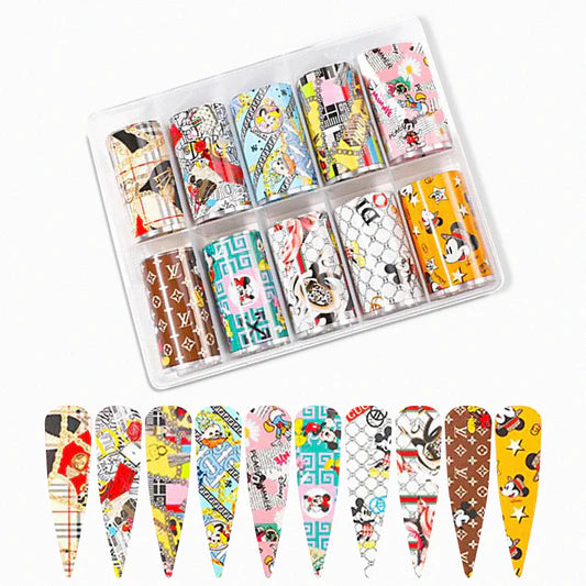 Spiral Nail Foil Sheets 10 Rolls NSB0132 – Diseños Cartoon y Pop Art Multicolor