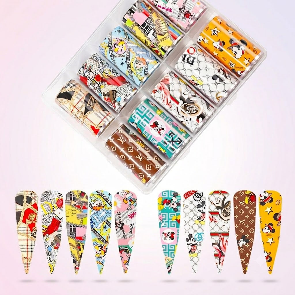 Spiral Nail Foil Sheets 10 Rolls NSB0132 – Diseños Cartoon y Pop Art Multicolor