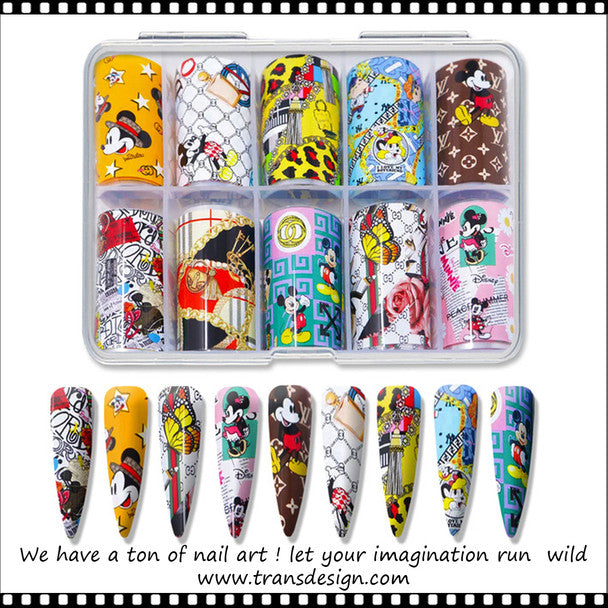Spiral Nail Foil Sheets 10 Rolls NSB0132 – Diseños Cartoon y Pop Art Multicolor