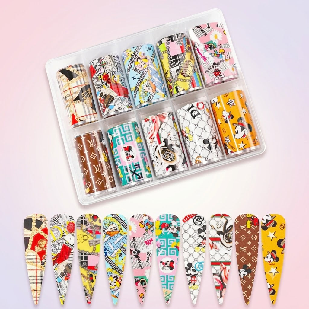 Spiral Nail Foil Sheets 10 Rolls NSB0132 – Diseños Cartoon y Pop Art Multicolor