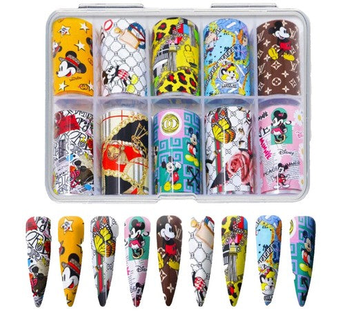 Spiral Nail Foil Sheets 10 Rolls NSB0132 – Diseños Cartoon y Pop Art Multicolor