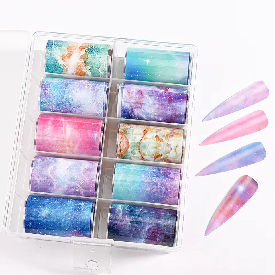 Spiral Nail Foil NSB0133 – Set de 10 Rollos Mármol, Galaxia y Acuarela